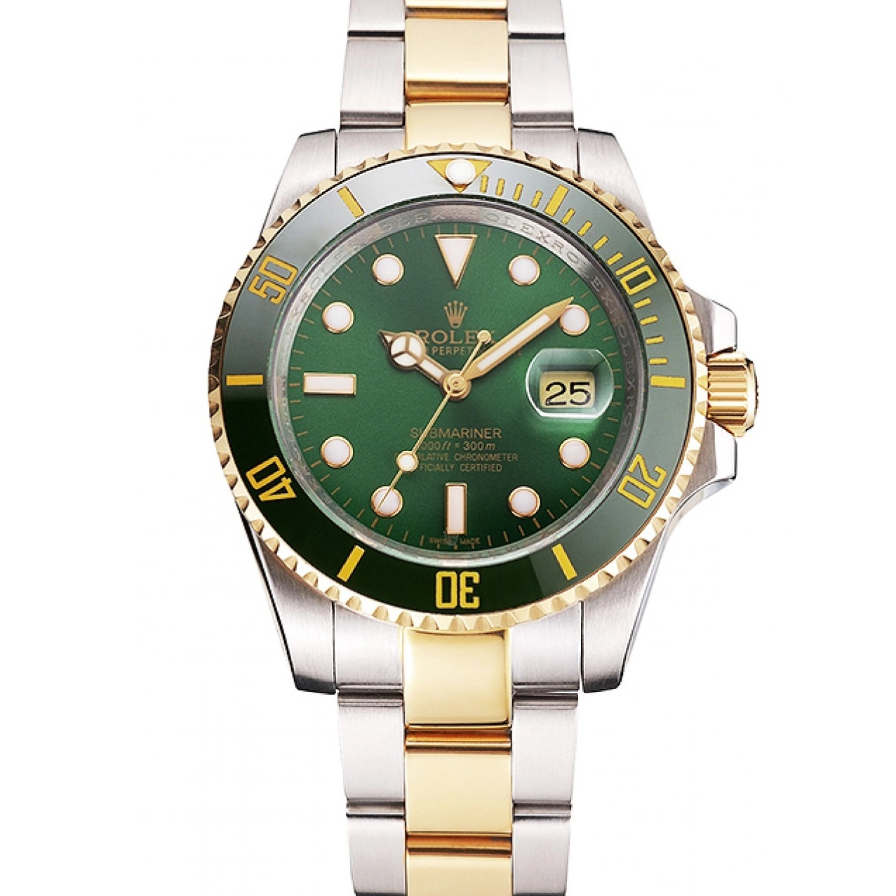 Aaa replica watch Gold Submariner Rolex Green Dial Tone Steel Two Swiss Bracelet Bezel And 0711
